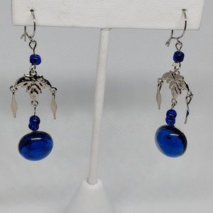Dangle Earrings Silver tone & Cobalt Blue Glass